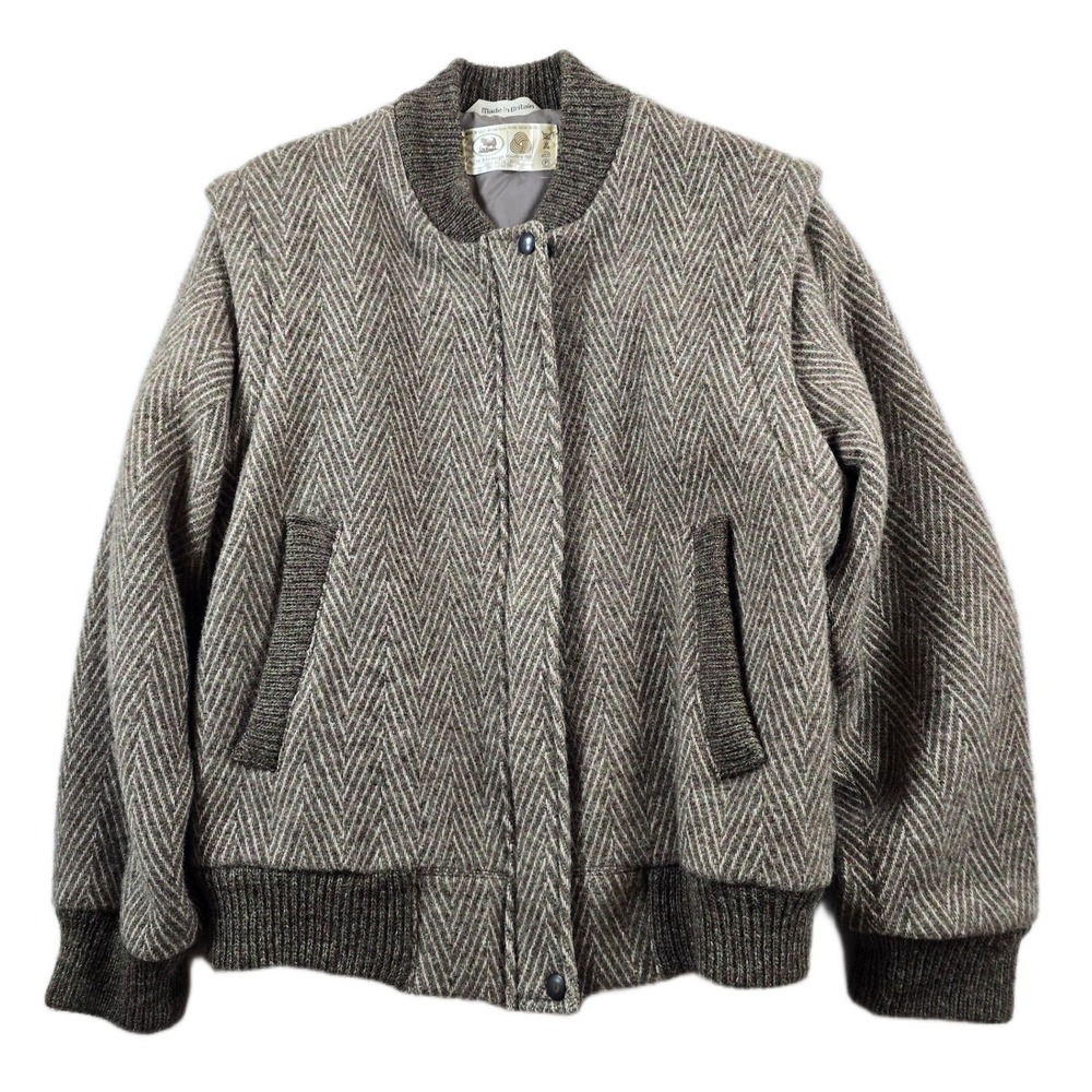 Vintage Edinburgh Woollen Mill Jacket Womens Large Brown Wool Herringbone Bomber